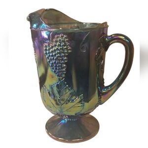 Vintage Indiana Glass Iridescent Carnival Harvest Grapes Blue Pedestal Pitcher